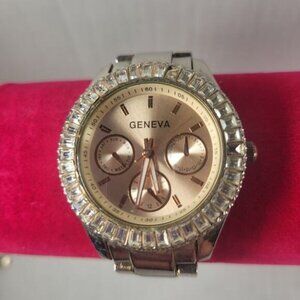 Geneva Women's Silver Tone Rose Face Watch Missing Crystals Japan Movement